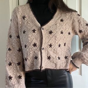 Zara Cropped Embroidered Floral Jeweled Cardigan Sweater size M